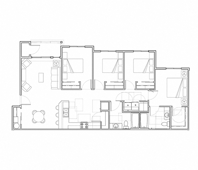 Floor plan for 4 beds, 2 baths, 1397 sqft